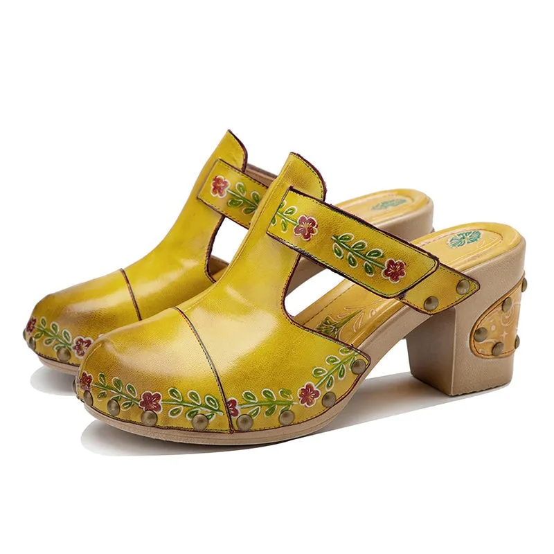 Retro Leather Printing Mules Summer Slippers with Rivets 50mm Block Heel in Yellow