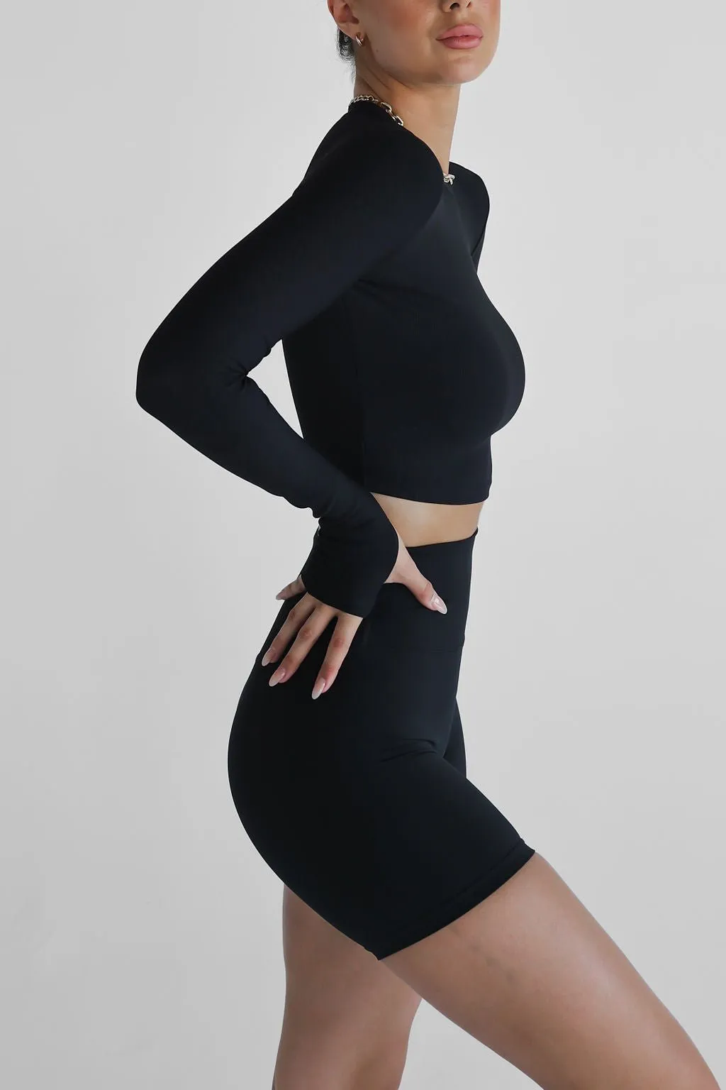 Ribbed Long Sleeve High Neck Crop - Black