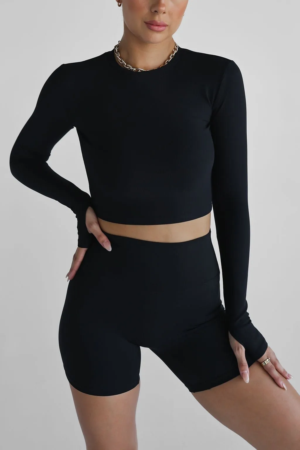 Ribbed Long Sleeve High Neck Crop - Black