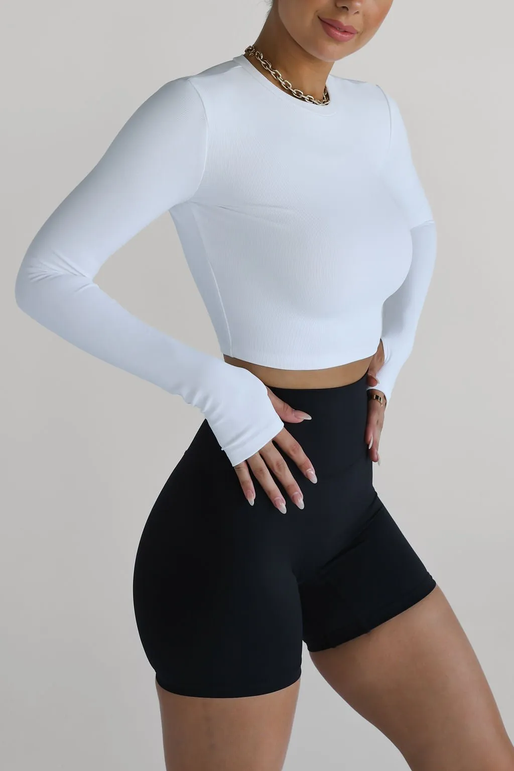 Ribbed Long Sleeve High Neck Crop - White