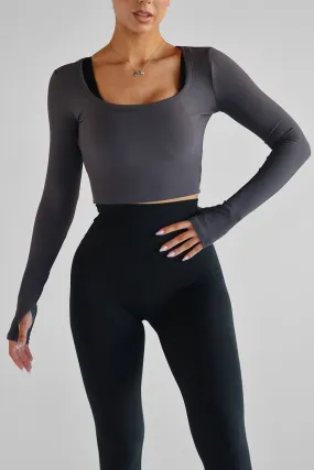 Ribbed Scoop Neck Long Sleeve - Charcoal