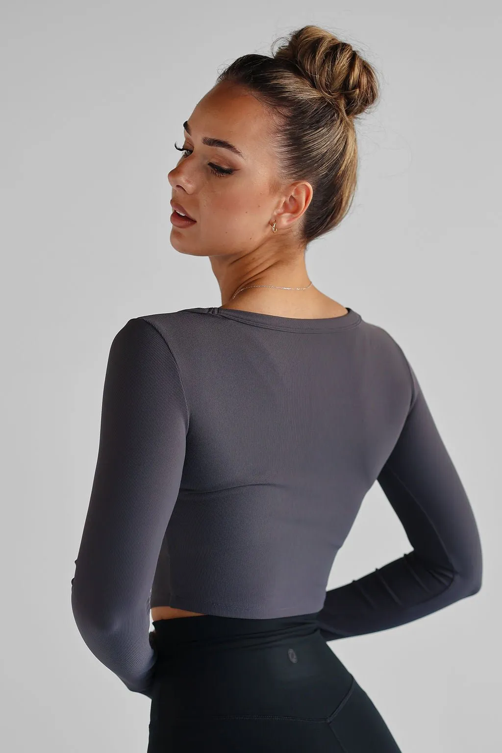 Ribbed Scoop Neck Long Sleeve - Charcoal