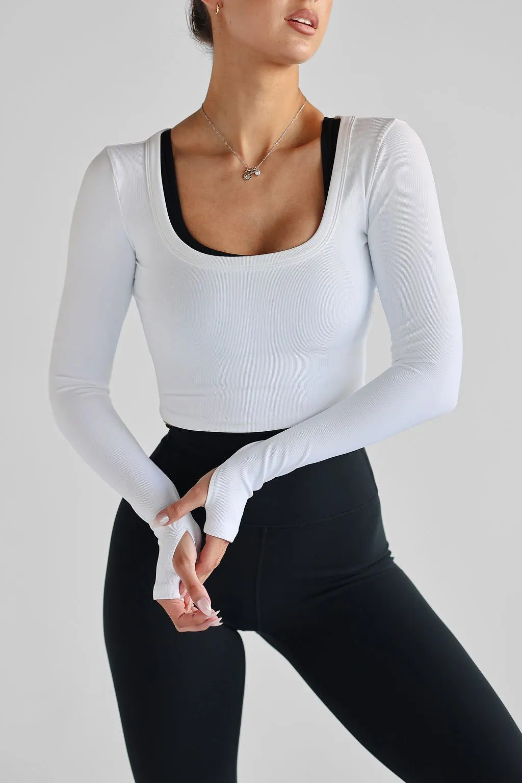 Ribbed Scoop Neck Long Sleeve - White