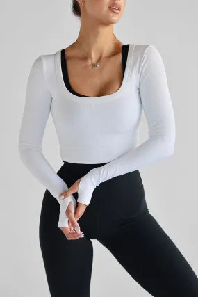 Ribbed Scoop Neck Long Sleeve - White