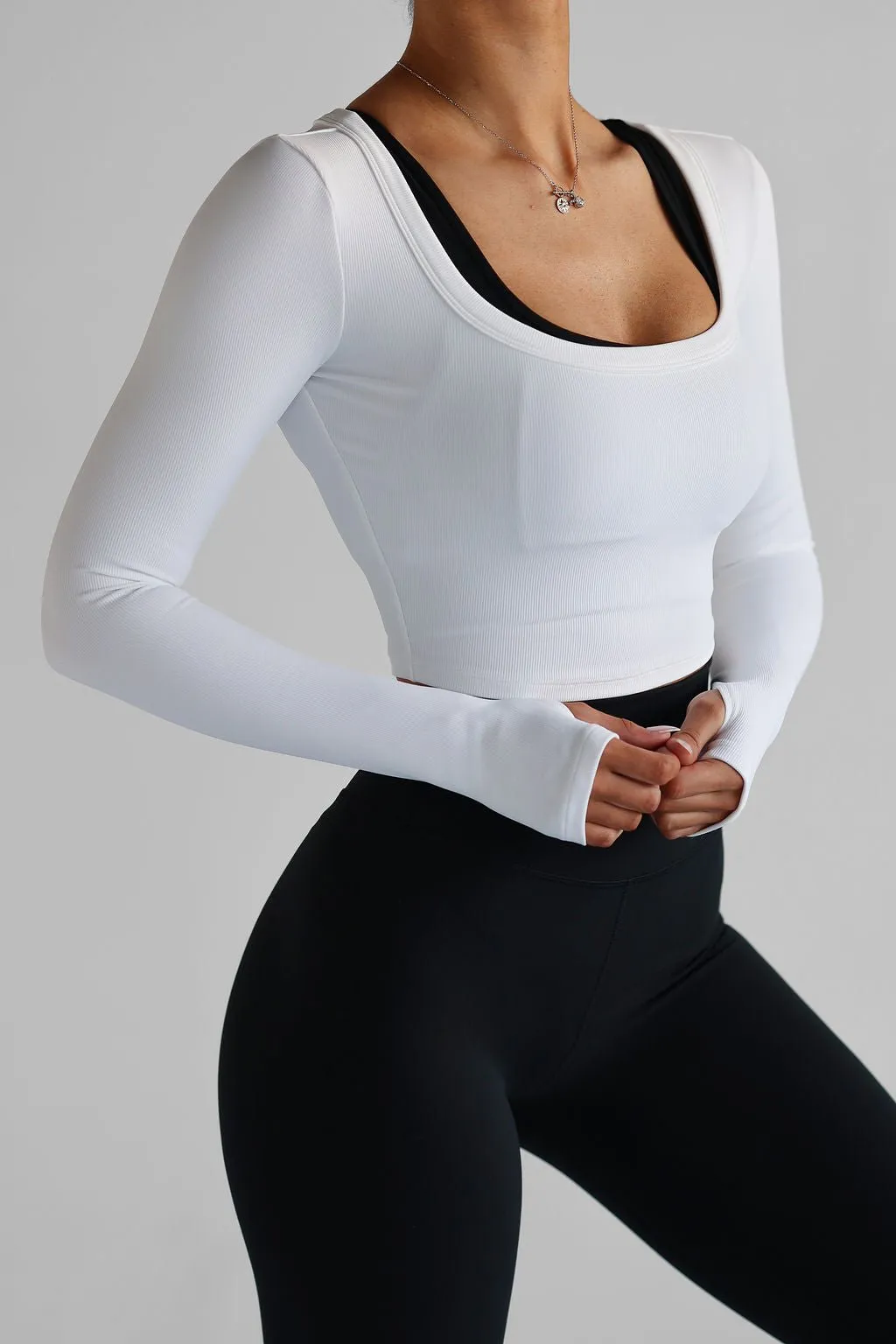 Ribbed Scoop Neck Long Sleeve - White