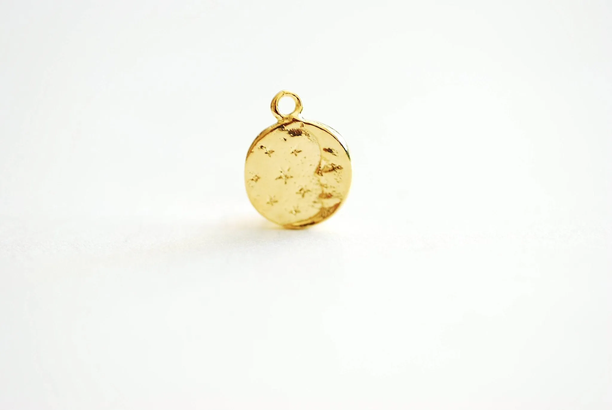 Shiny Gold Wholesale Moon Charm, Vermeil, Moon and Stars, Celestial Charm, Moon with Face Charm, Night Sky, Moon Disc, Round Moon Charm, Stars, 370