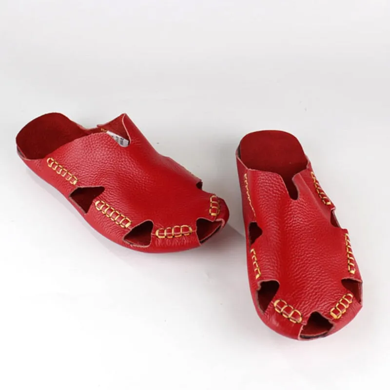 Soft Leather Summer Slippers Close Toe Handmade in Yellow/White/Red/Coffee