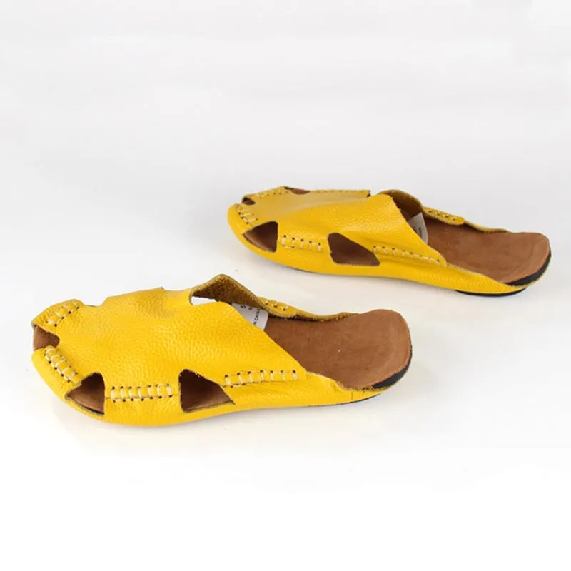 Soft Leather Summer Slippers Close Toe Handmade in Yellow/White/Red/Coffee