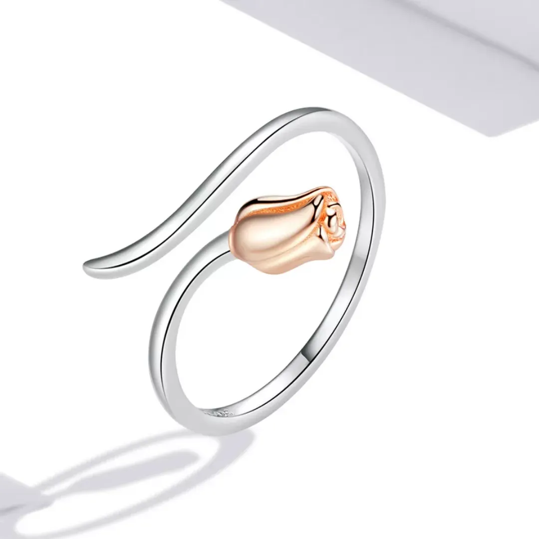 Two Tone Rose Wrap Bypass Ring Sterling Silver